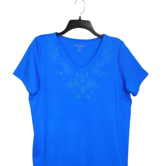 Woman Within Top Plus M 14 16 Blue Cotton Blend Short Sleeve Embroidered Tee - Picture 5 of 10